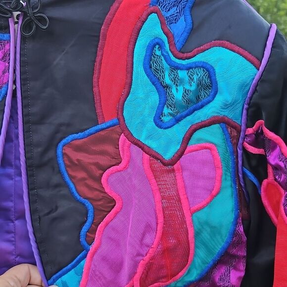 Vintage Judith Roberts La Colección Appliqué Crop Jacket Black Bright Abstract - Picture 3 of 11